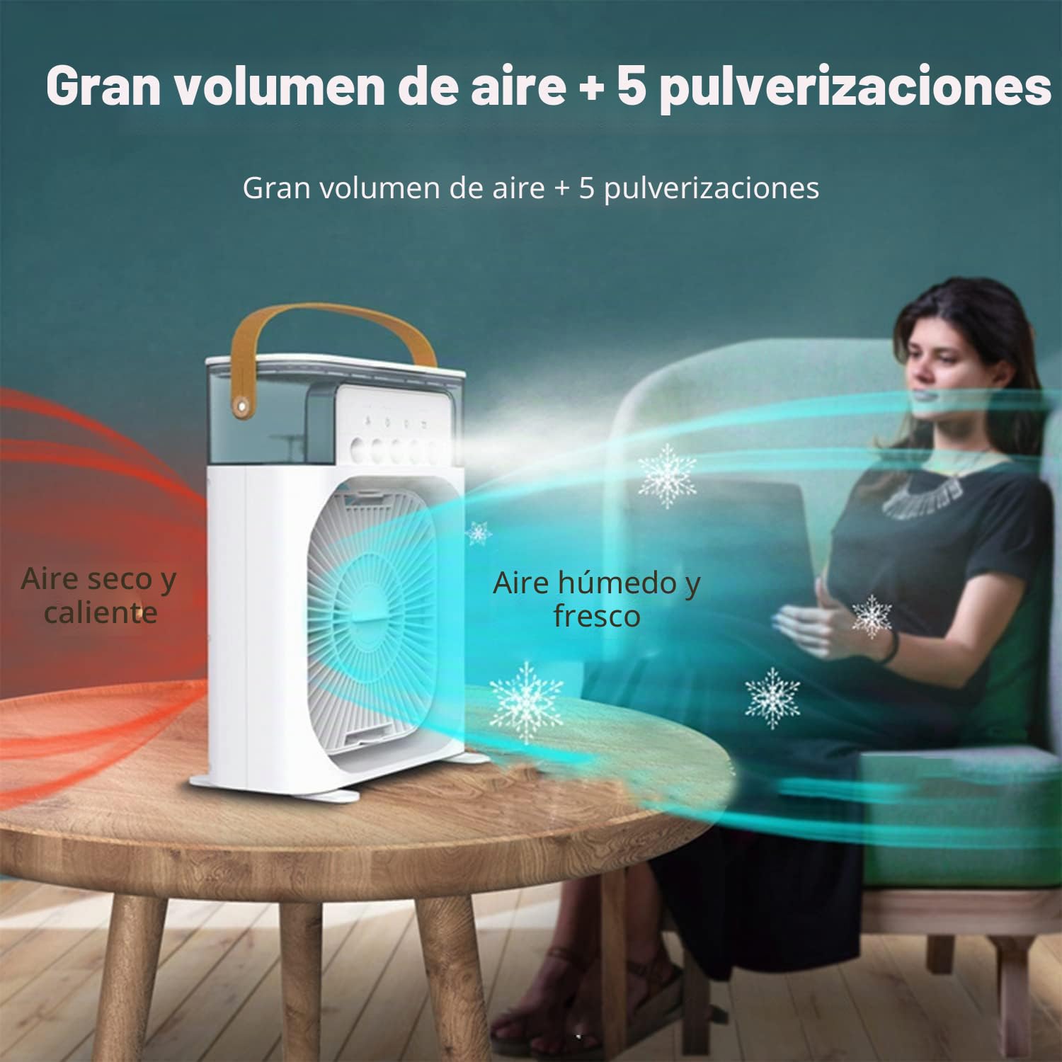 Ventilador de aire acondicionado portátil, 4 en 1, mini ventilador de refrigeración personal con pulverizador de agua, 3 velocidades, aire evaporativo, ventilador de agua, vaporizador, niebla y mesa