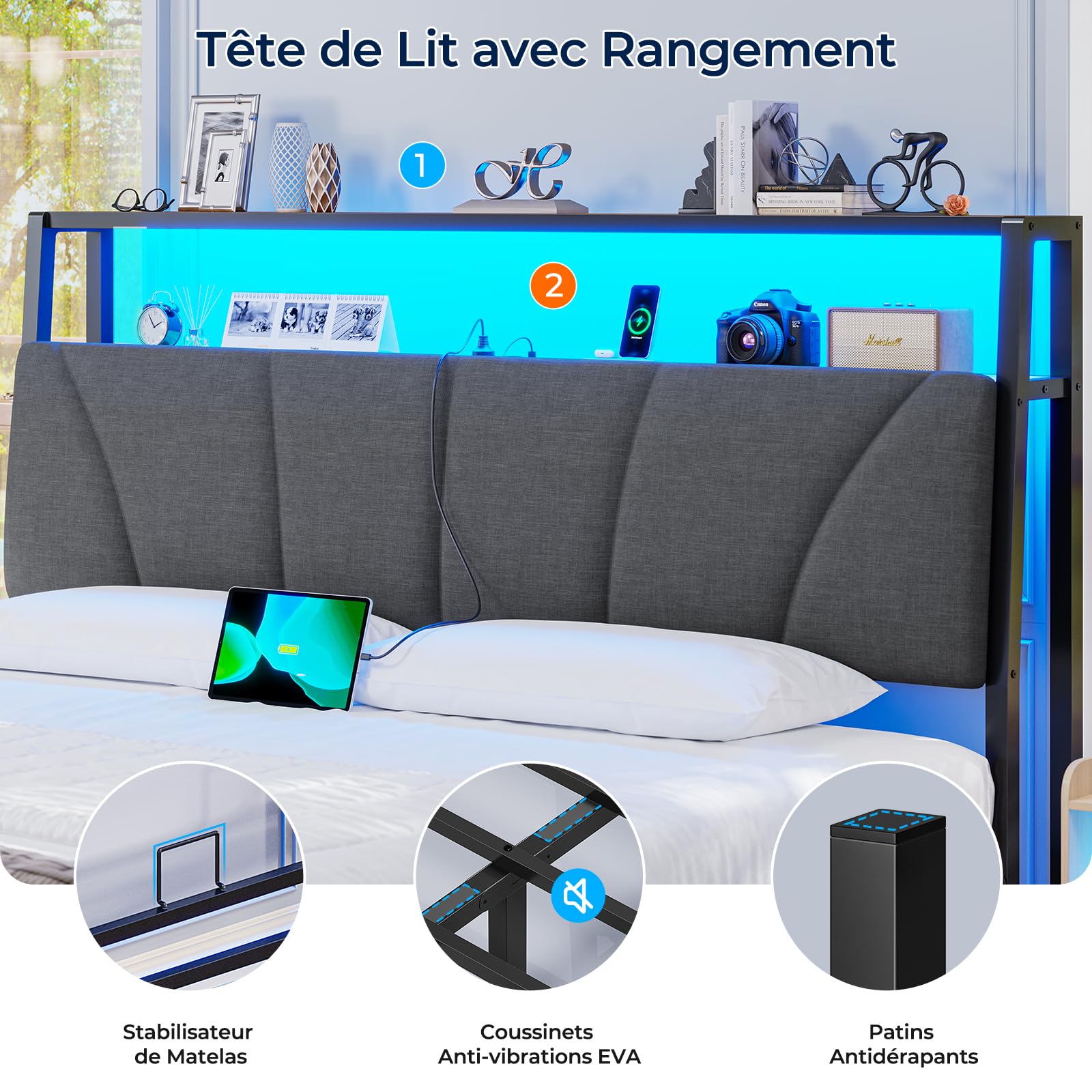 Brinlawb Cadre de Lit 140 x 190 avec Sommier en Métal, Lit 2 Personnes avec Lumières LED et Multiprise (2 Prises AC, 2 Ports USB-A) lit Double 140x190 cm avec 2 Tiroirs, Facile à Assembler, Gris