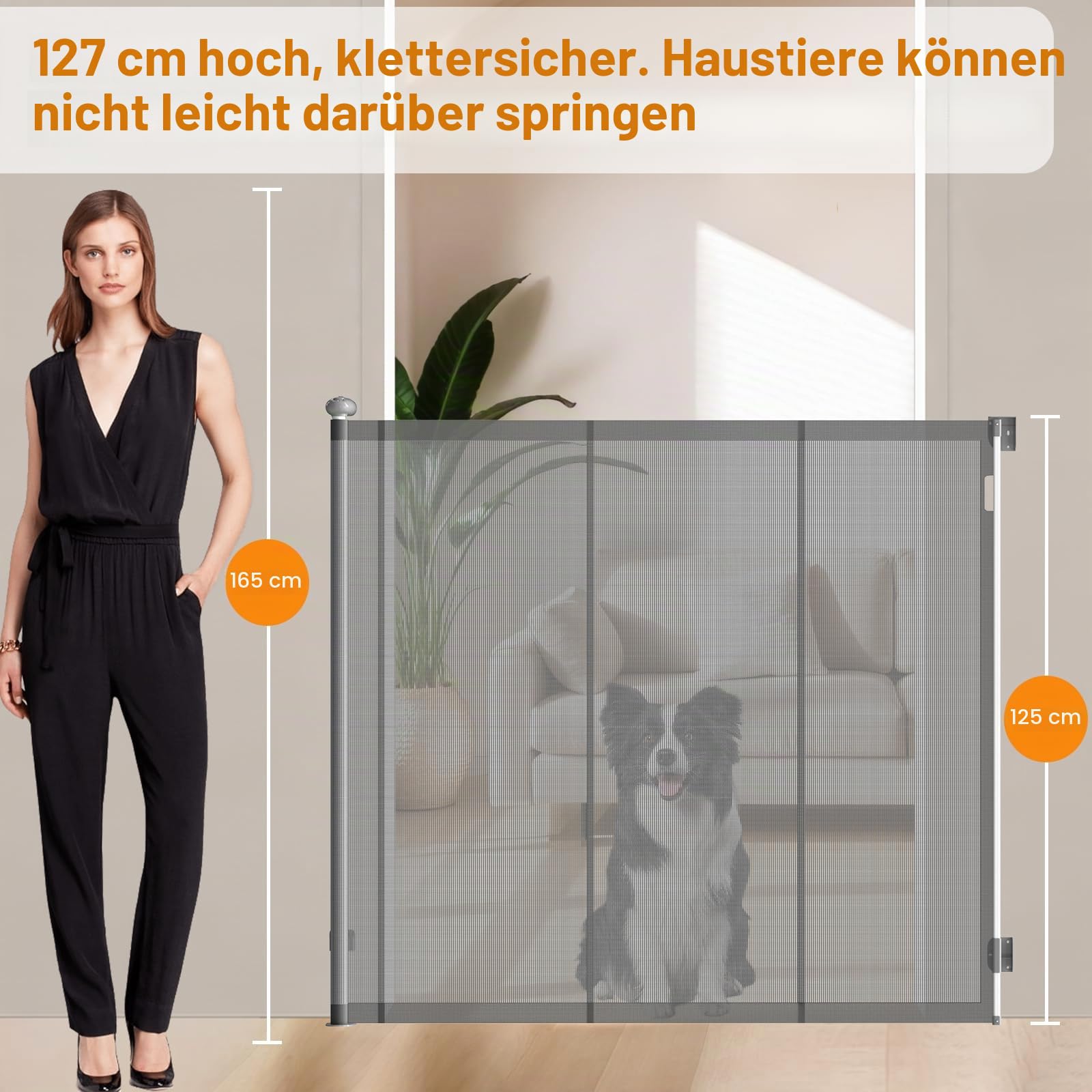 Treppenschutzgitter Ausziehbar Extra Hohes mit Verstärkte Faserstreifen,125cm Hoch Schutzgitter Baby, 200cm breit, Einziehbares Babygitterfür Hund, Babygitter & Hundegitter Einziehbares Tür