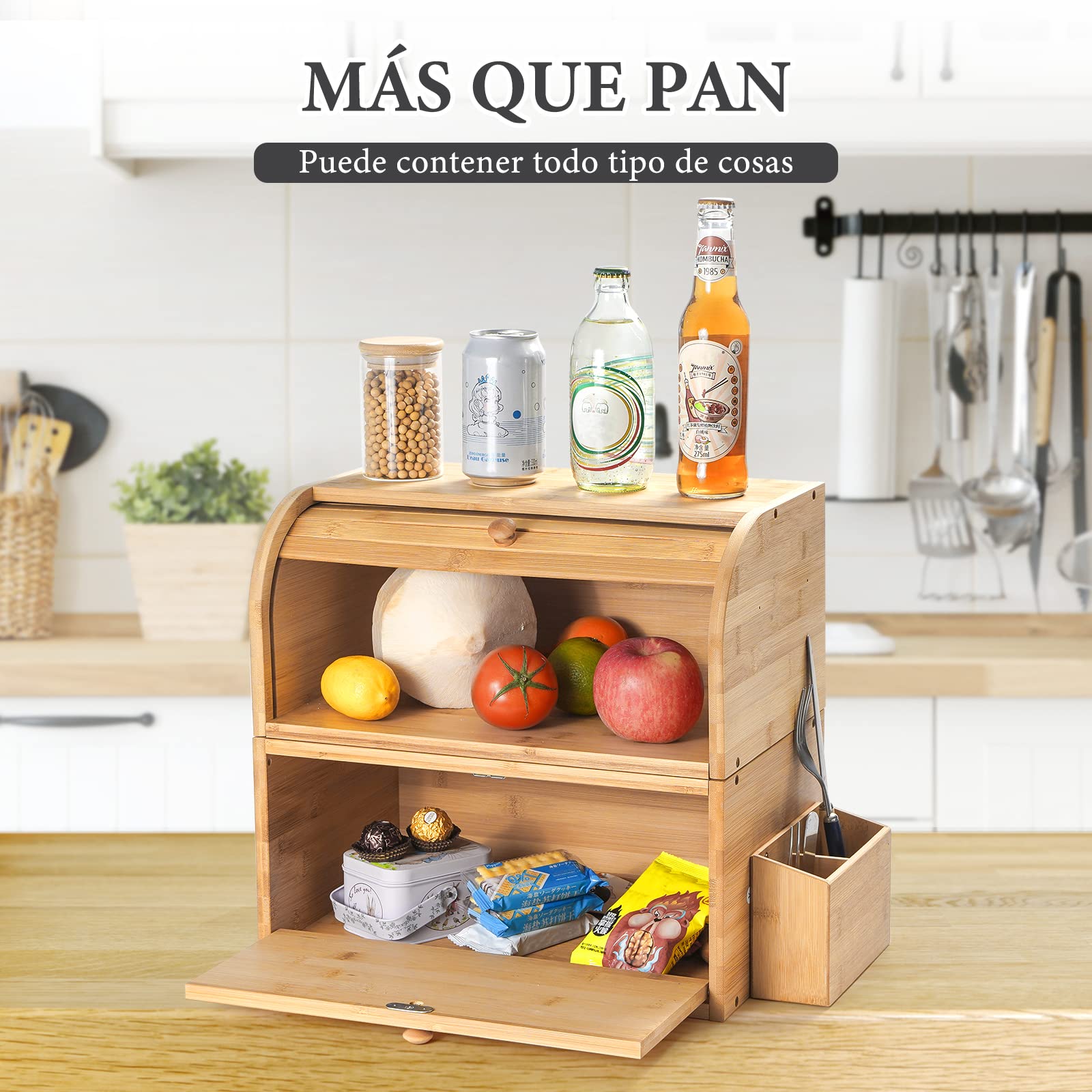 GUUSII HOME Paneras Para Guardar el Pan Madera Vintage Retro Caja de Pan Bambú Doble Enrollable Grande Talla 38x25x36cm Mantiene el Pan Fresco y Sabroso Hasta 4 Días
