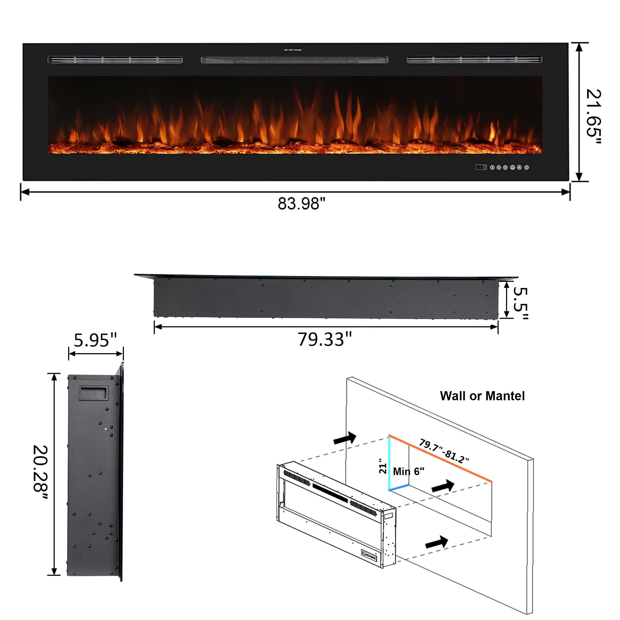 Benrocks 84'' Electric Fireplace Inserts, Recessed & Wall Mount Electric Heater and Linear Fireplace with Remote Control, Adjustable Flame Color, Temperature, Hard Wired & Plug in