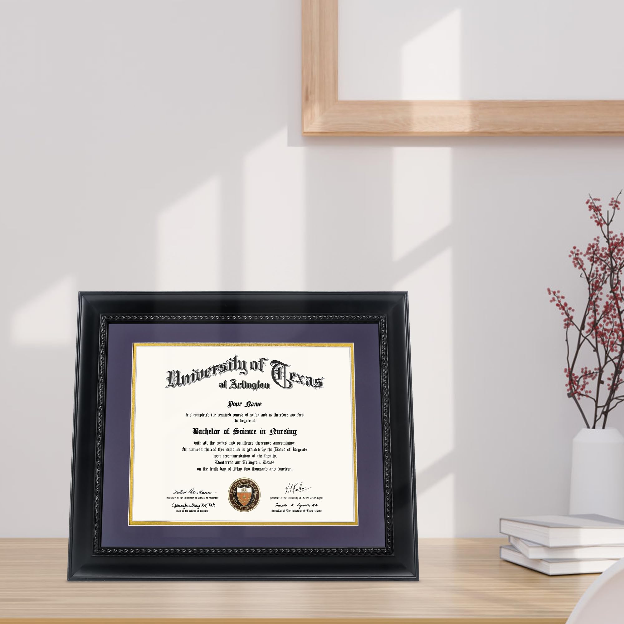GMFrames Ramka dyplomowa 8,5 x 11 z fioletową matą lub wyświetlaczem certyfikaty 11 x 14 bez maty, lite drewno, czarne wykończenie ze skomplikowanymi czarnymi detalami liny, akryl chroniący przed