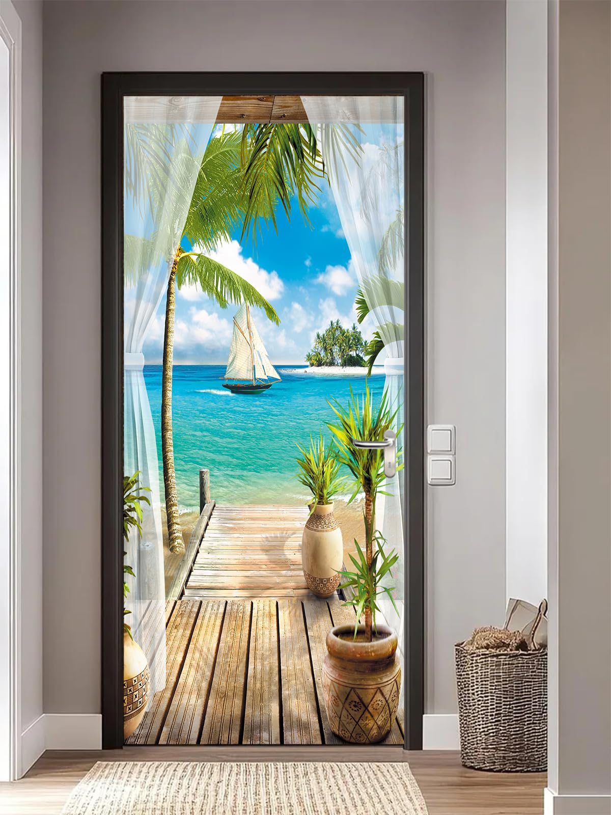FLFK 3D Door Stickers Peel and Stick 85x215cm,Self-Adhesive Door Murals Wallpaper Poster Blue Sky White Clouds Coconut Tree Decals for Home Decor(2Pcs/Set)