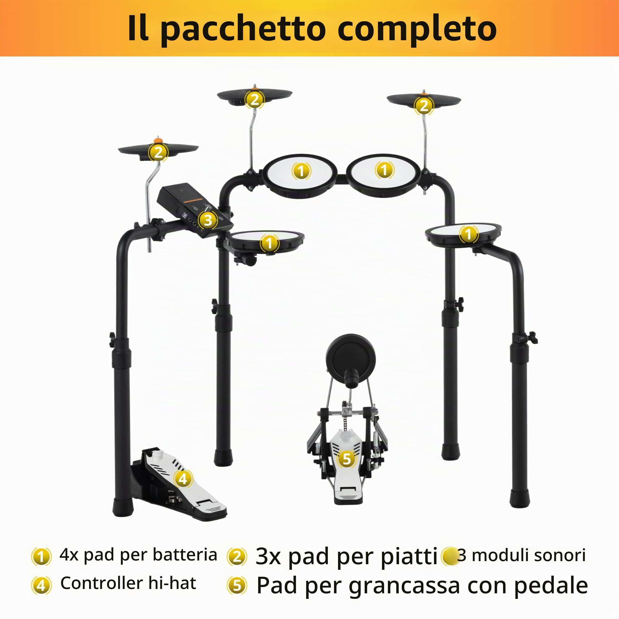 XDrum DD-250P E-Drum Kit, Batteria elettronica con mesh heads, Incluso rack | Modulo sonoro con 74 suoni e 12 drumkit, Ricevitore Bluetooth per streaming audio wireless, 3x pad piatti da 8" zone, 3 mm)
