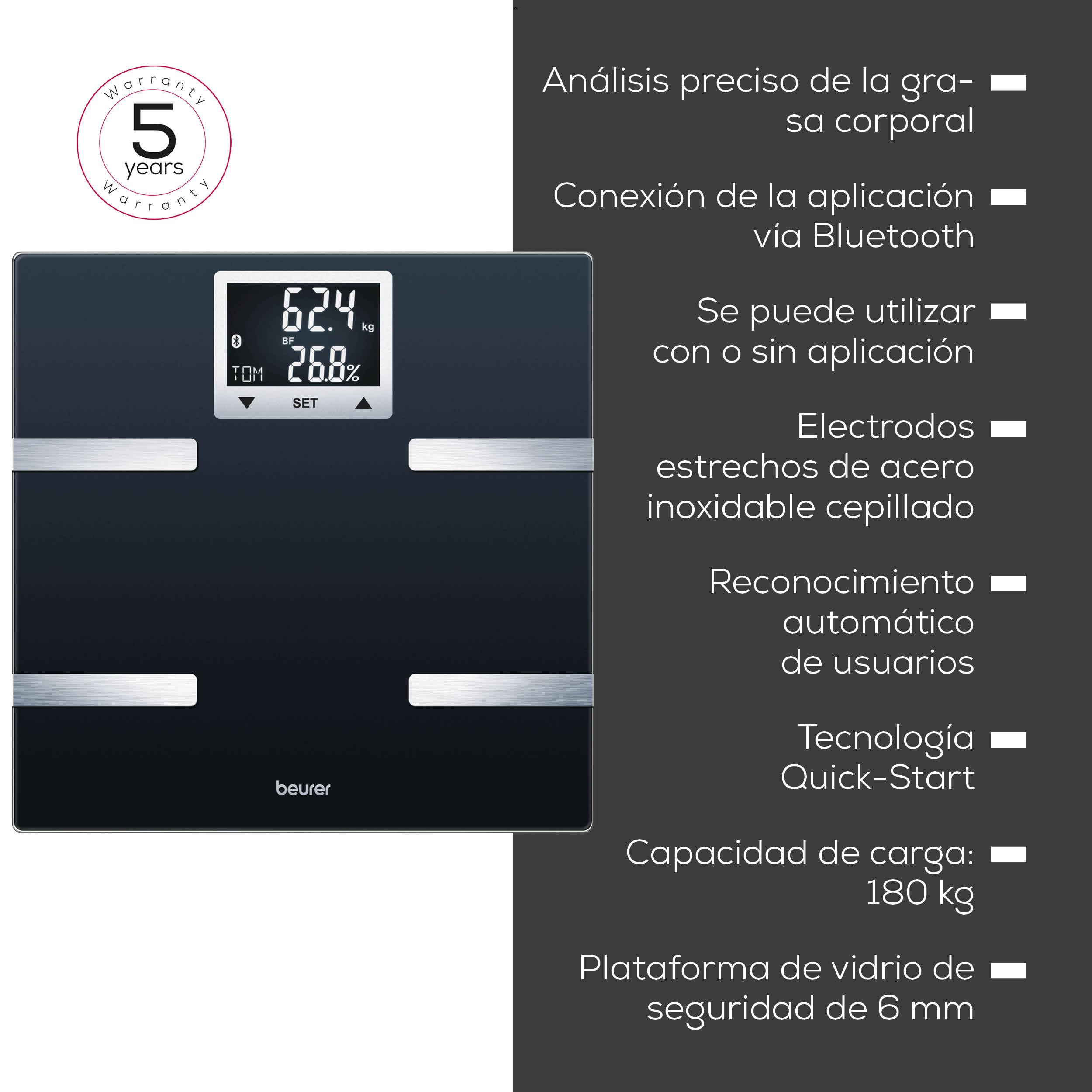 Beurer BF 720 Báscula diagnóstica con conexión Bluetooth(R) para la app del móvil, determinación del peso corporal, la grasa corporal, el porcentaje muscular y la necesidad de calorías AMR/BMR