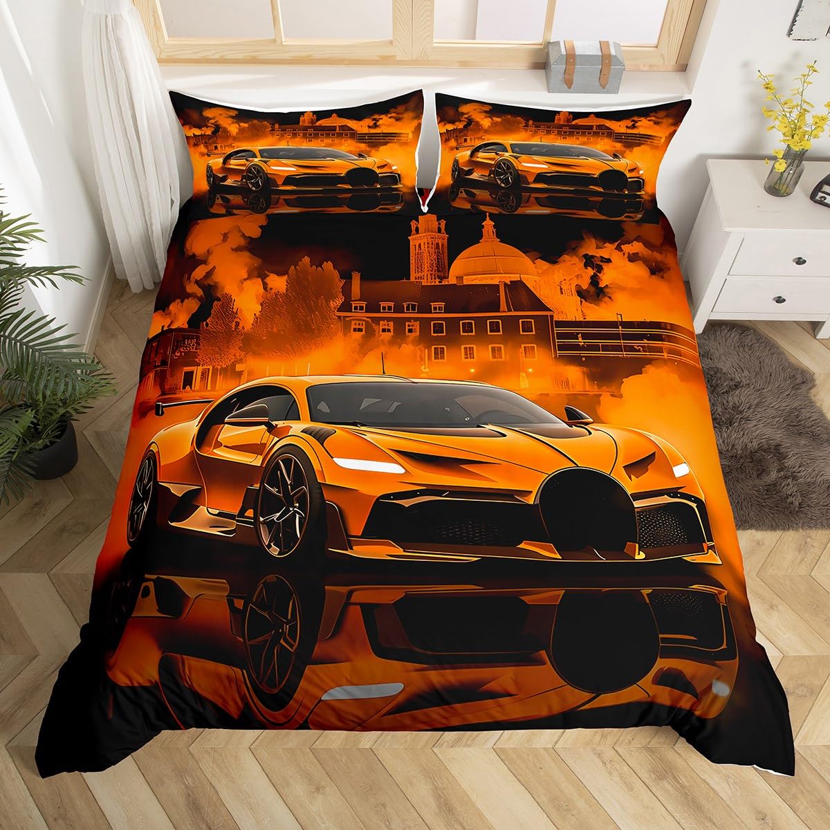 Homemissing Kids Race Car Bedding Set Cot Size Extreme Sport Games Duvet Cover for Boys Girls Bedroom Decor Modern Orange Comforter Cover Soft Lightweight Microfiber With 1 Pillow Case — image 1