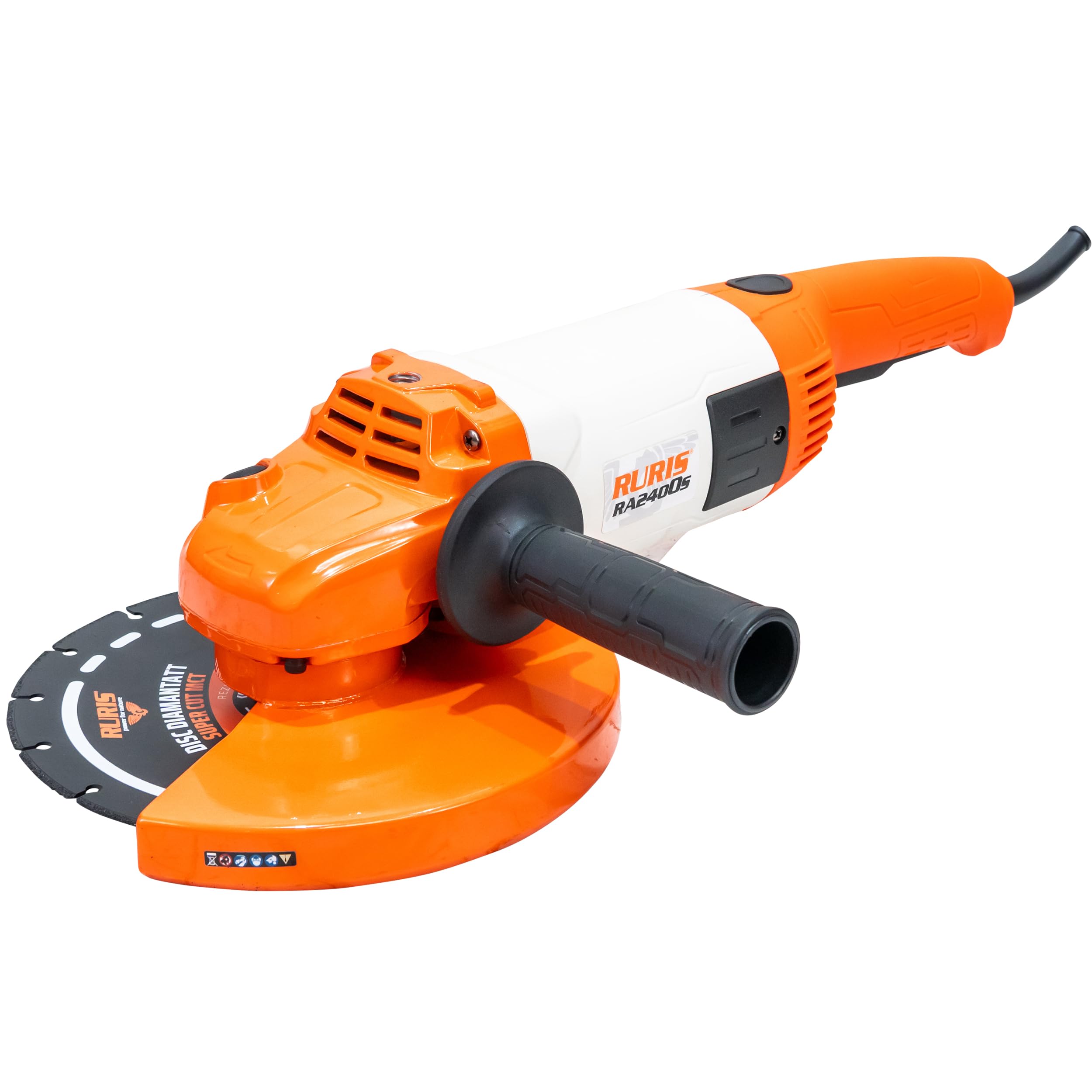 RURIS Amoladora angular eléctrica RA2400S 2400W, disco de 230 mm, Soft Start, mango suave agarre ajustable, potente herramienta para corte y pulido de metal, hormigón, piedra, madera