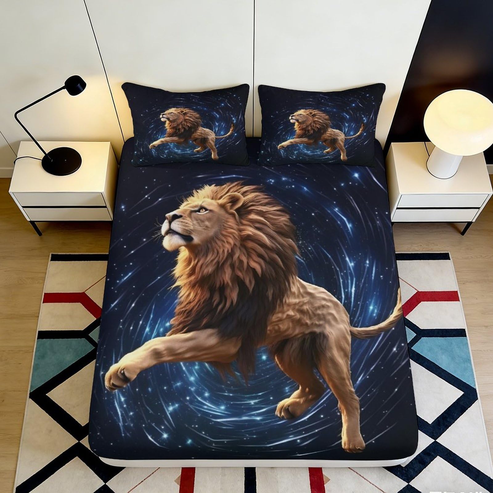 3D Printed Majestic Lion Galaxy Fitted Sheet Microfiber Soft Breathable Cosmic Swirl Mattress Cover for Bedroom Dorm Decor 90x200x25cm