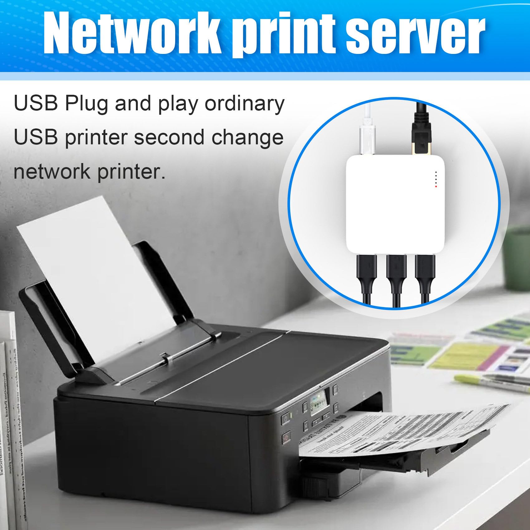 Serveur d'impression filaire USB 3 ports partage réseau 100 M WiFi BT4.0 prise UE