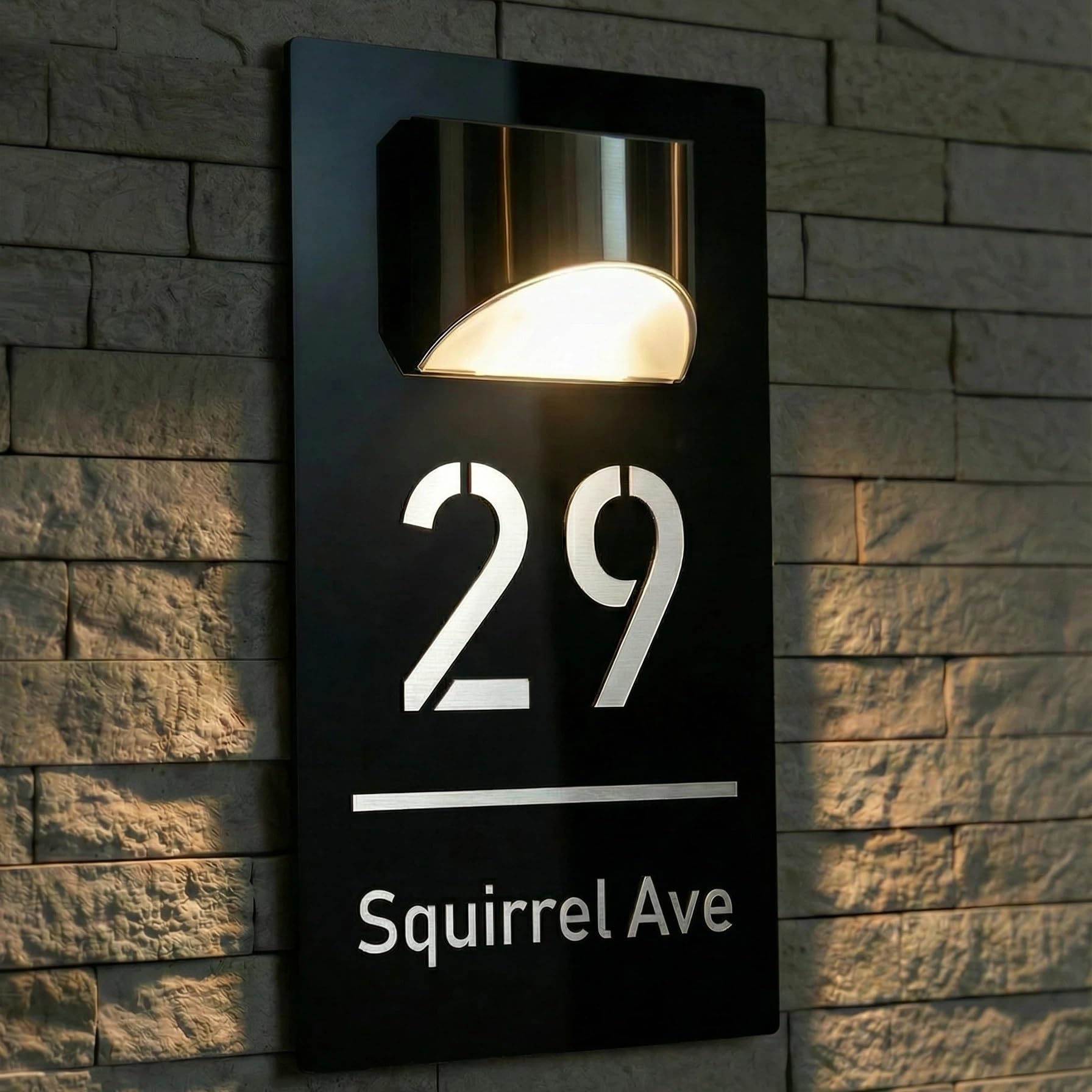 Números de Casa Exterior con Luz Solar LED, Placa de de Acrílico Impermeable con Grabado Láser 3D Personalizable, Letrero para Puerta Exterior zm (4 Tamaños, 16 Fuentes, 3 Colores)(Negro-Blanco)