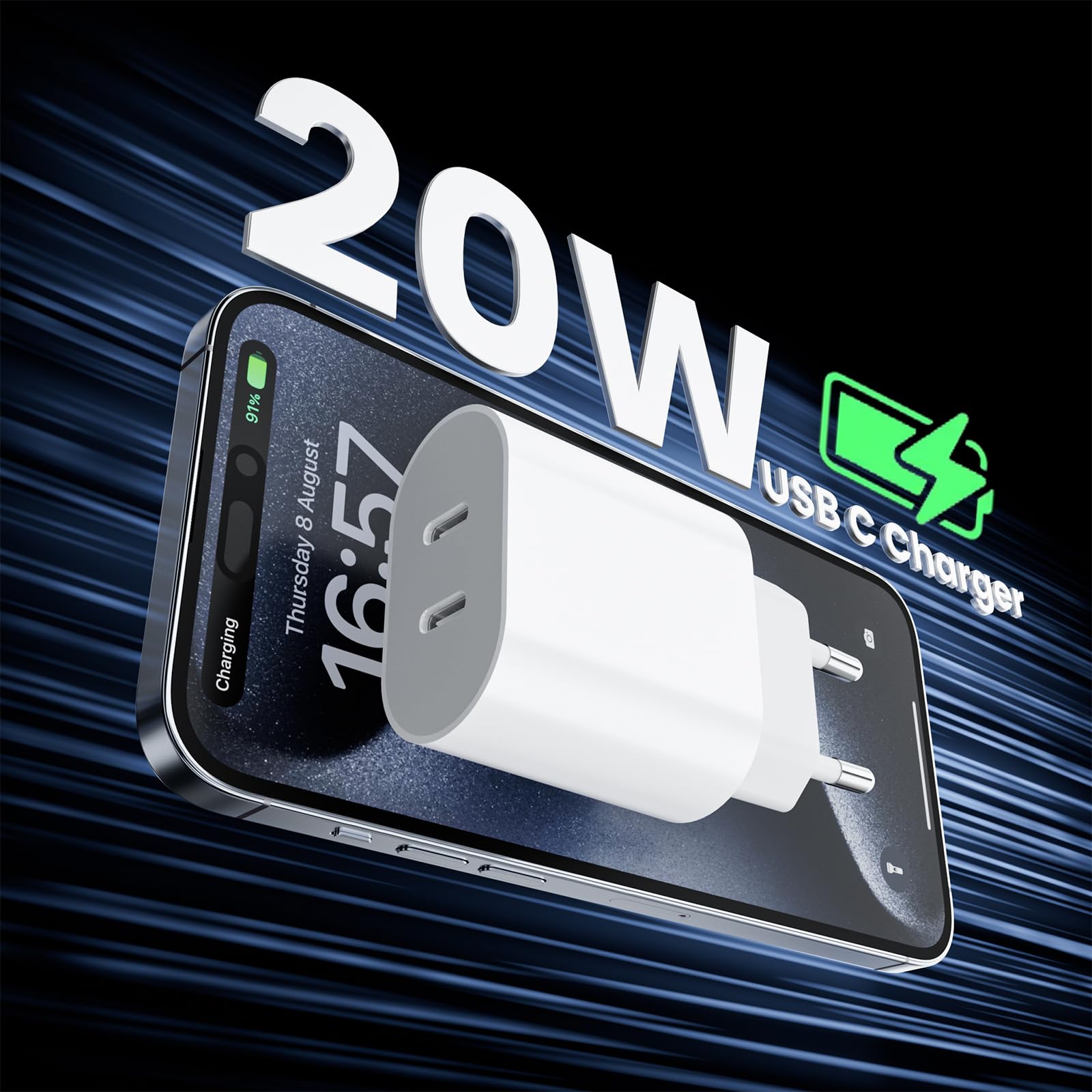 Caricatore USB C 20W 2-Porto Presa per iPhone 17/17 Air/17Pro/17 Pro Max/16/15/14/13/12/11 Plus Mini SE X XS XR, Samsung Galaxy, Alimentatore Spinotto Trasformatore USB C