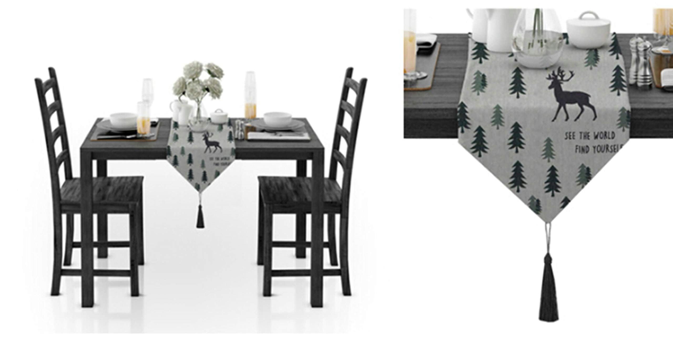 Aeici Camino de mesa de comedor al aire libre de algodón, con alce en el bosque, camino de mesa de 30 x 150 cm, camino de mesa para mesa redonda, color negro y verde