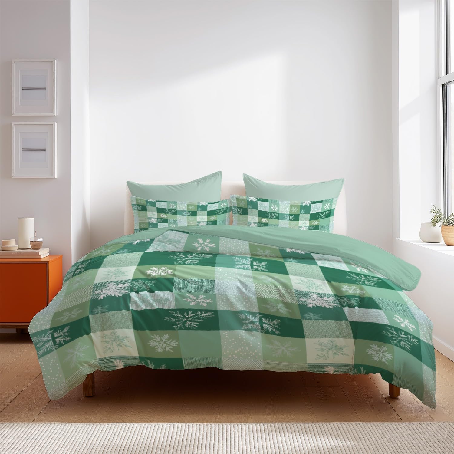 Generico Set Copripiumino Matrimoniale 220 x 240 CM 3 Pezzi Include 2 federe 80 x 80 CM Fresco quadretti fiocco di neve Set di Biancheria da Letto in Microfibra Traspirante e Caldo-Verde