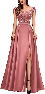 Women's Elegant V-Neck Sequin Lace Contrast Satin Split Bridesmaid Maxi Dress