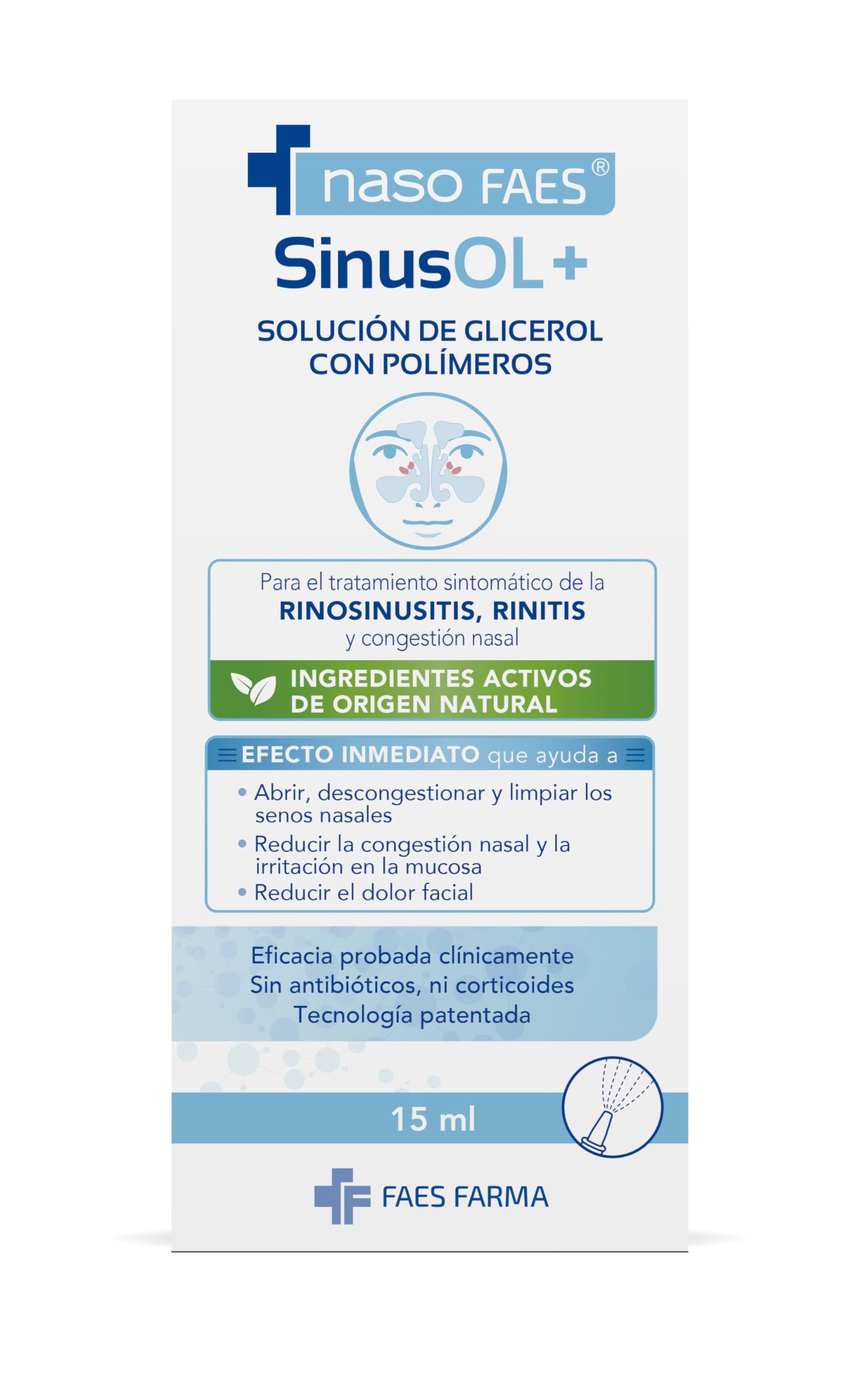 SinusOL+, Spray Nasal con Glicerol y Polifenoles Naturales, Tratamiento Sintomático de Rinosinusitis, Rinitis y Congestión Nasal - 15 ml