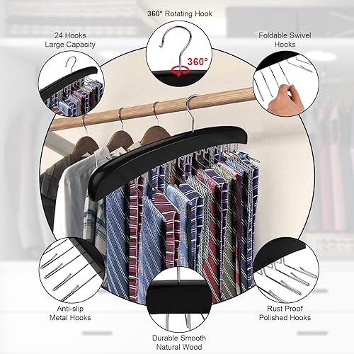 Miniatura 4 de Estante para corbatas, 24 ganchos de madera con ganchos de metal giratorios de 360 mejorados, organizador de armario para corbatas, cinturones,