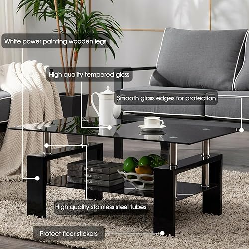 Miniatura 7 de Mesa auxiliar con estante de almacenamiento, mesa de centro de 2 niveles con parte superior de vidrio para sala de estar, muebles de diseño moderno