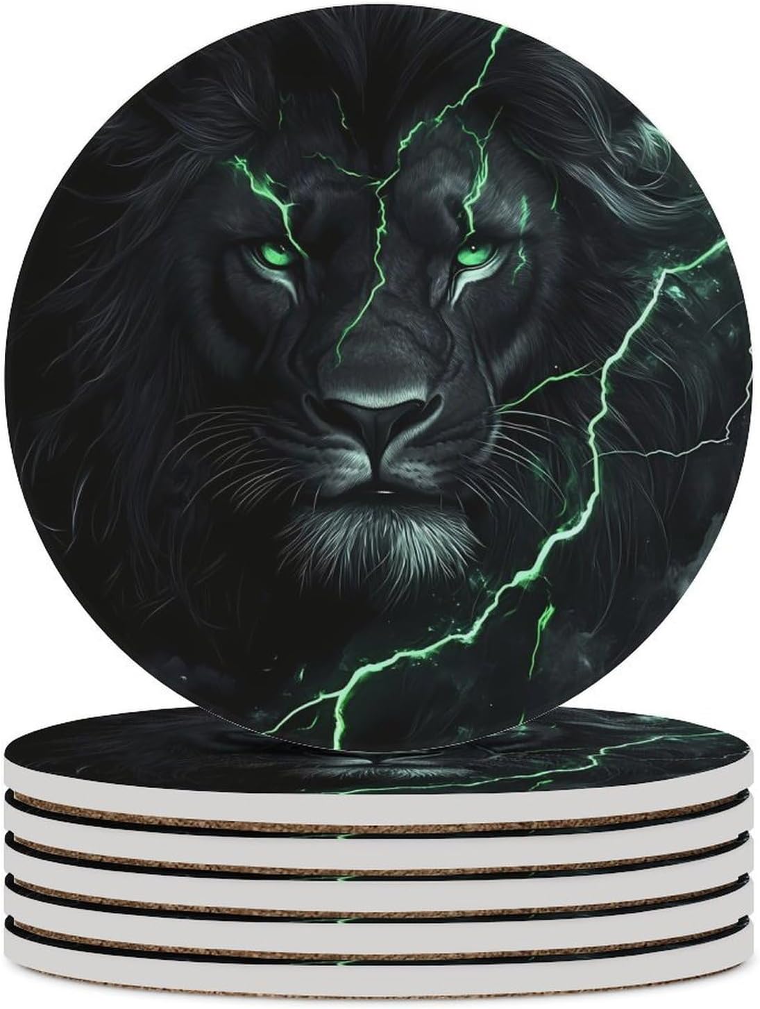 Thunder Lion Coasters for Drink Round Ceramic Coaster with Cork Base Home Decorative 6PCS