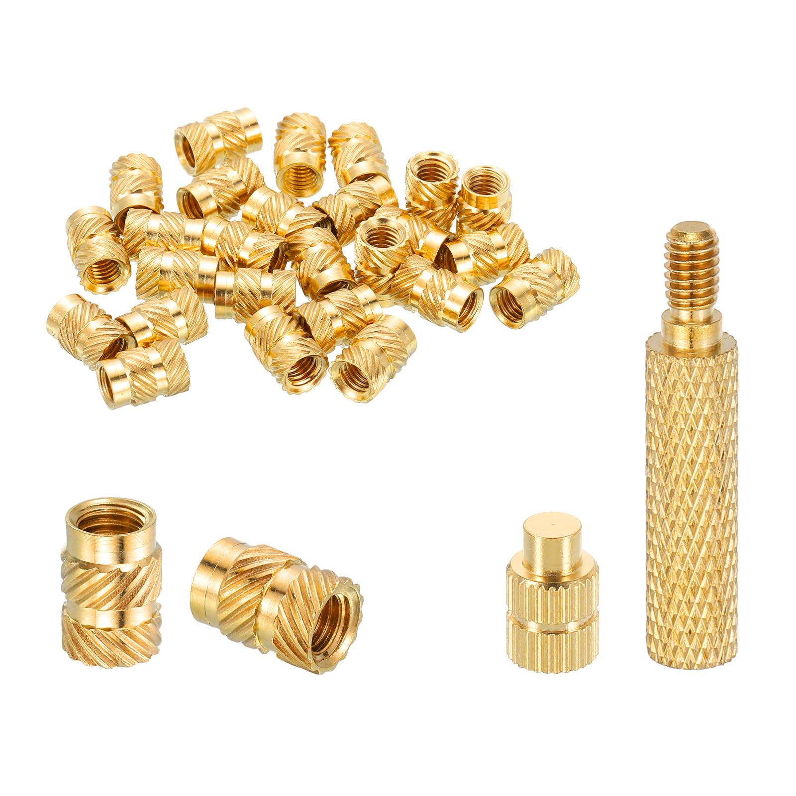 sourcing map 30 Pcs Threaded Inserts with Soldering Iron Tip Press Tool, M6 x 10mm H x 8mm OD Brass Metric Knurled Nuts Heat Set Inserts Embedment Nut for 3D Printing Plastic Parts