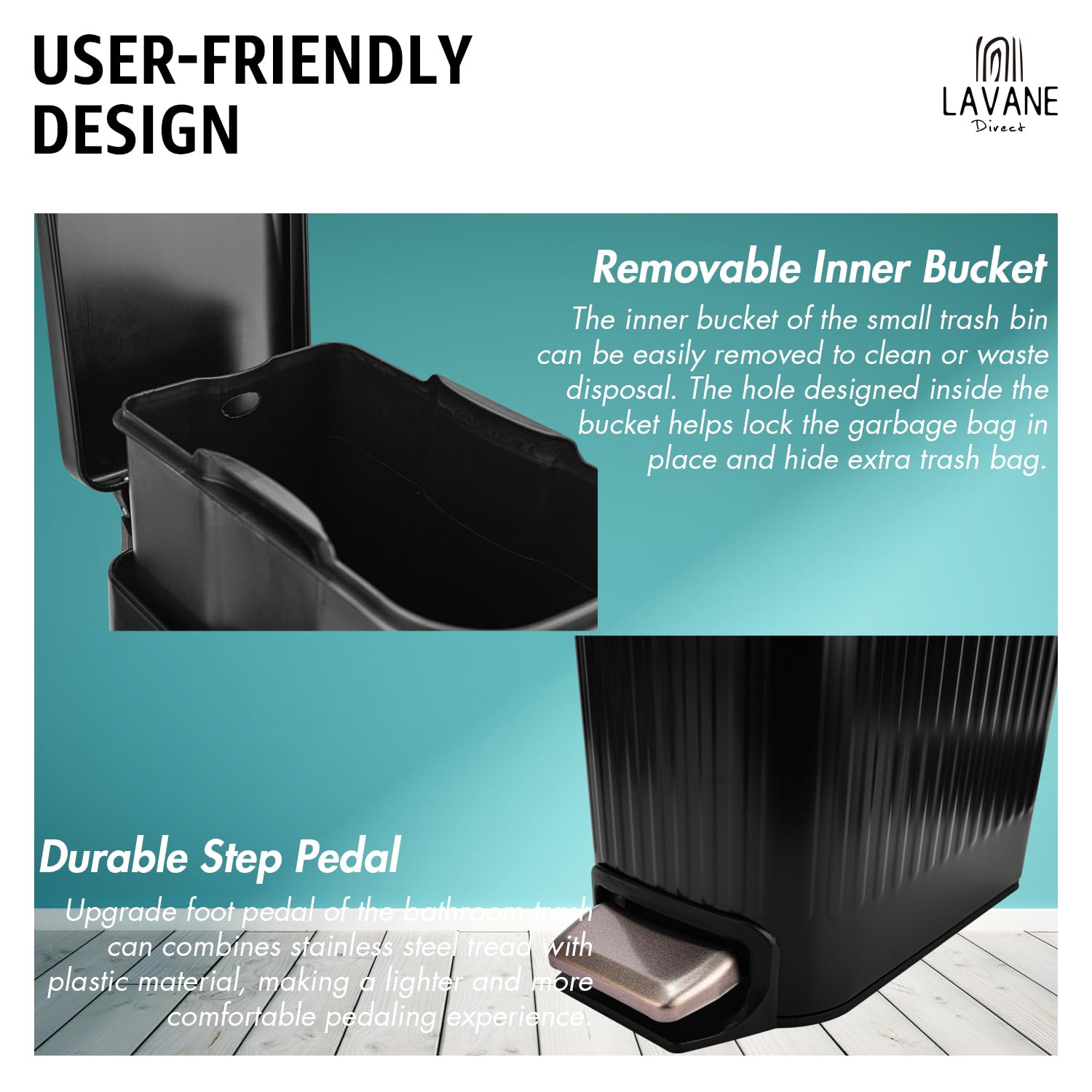 La Vane 6 Liter / 1.6 Gallon Slim Bathroom Trash Can with Lid Soft Close, Stainless Steel Small Black Garbage Can with Removable Inner Bucket & Step Pedal for Toilet Kitchen Laundry Bedroom Hotel