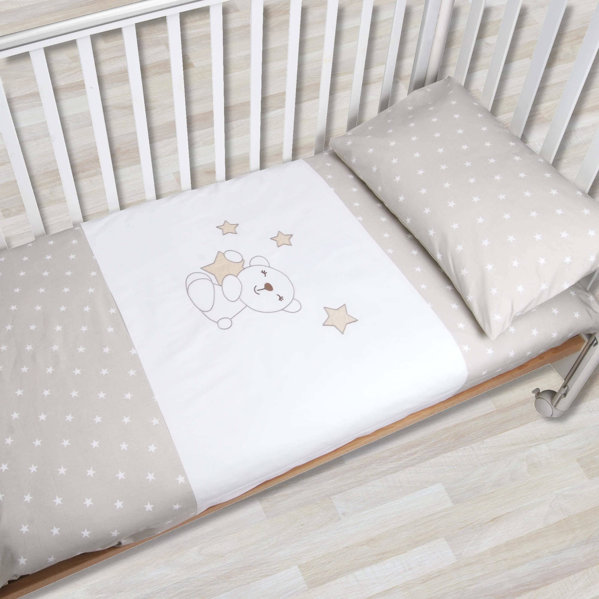 baby idea Couette pour lit bébé brodée complète Taie d'oreiller et Housse de Couette et Drap-Housse Amovibles sans butées Lit - Fait en Italie Petite Étoile Beige Standard