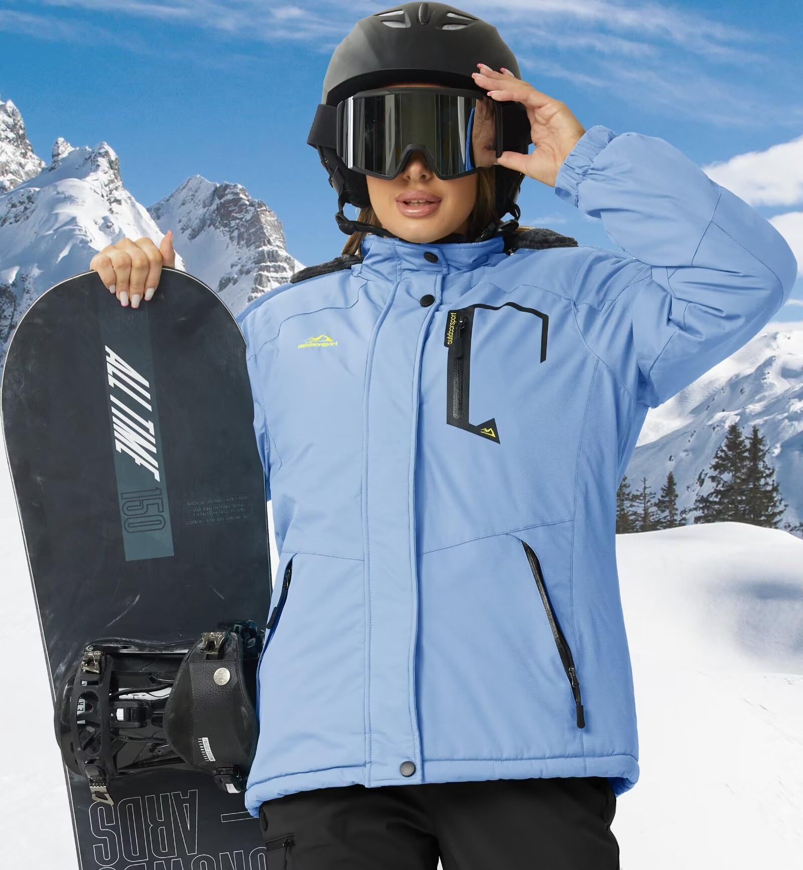 KEFITEVD Giacca invernale da donna con calda imbottitura, in pile, spessa giacca da sci con cappuccio rimovibile e tasche con cerniera, antivento, giacca da snowboard invernale