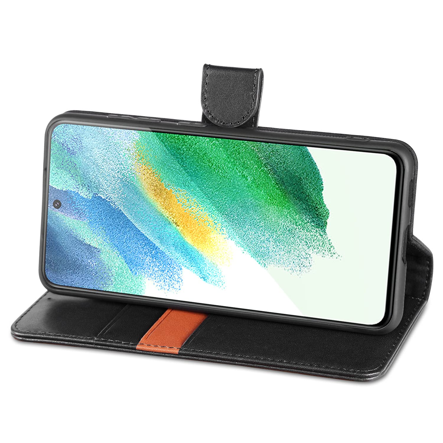 Etui LENSUN do Samsung Galaxy S21 FE 5G, etui z prawdziwej skóry portfel [RFID Blokad] z pamięcią na karty i zapięciem magnetycznym kompatybilne z Samsung S21 FE 5G- czarne (S21FE-JT-5BK)