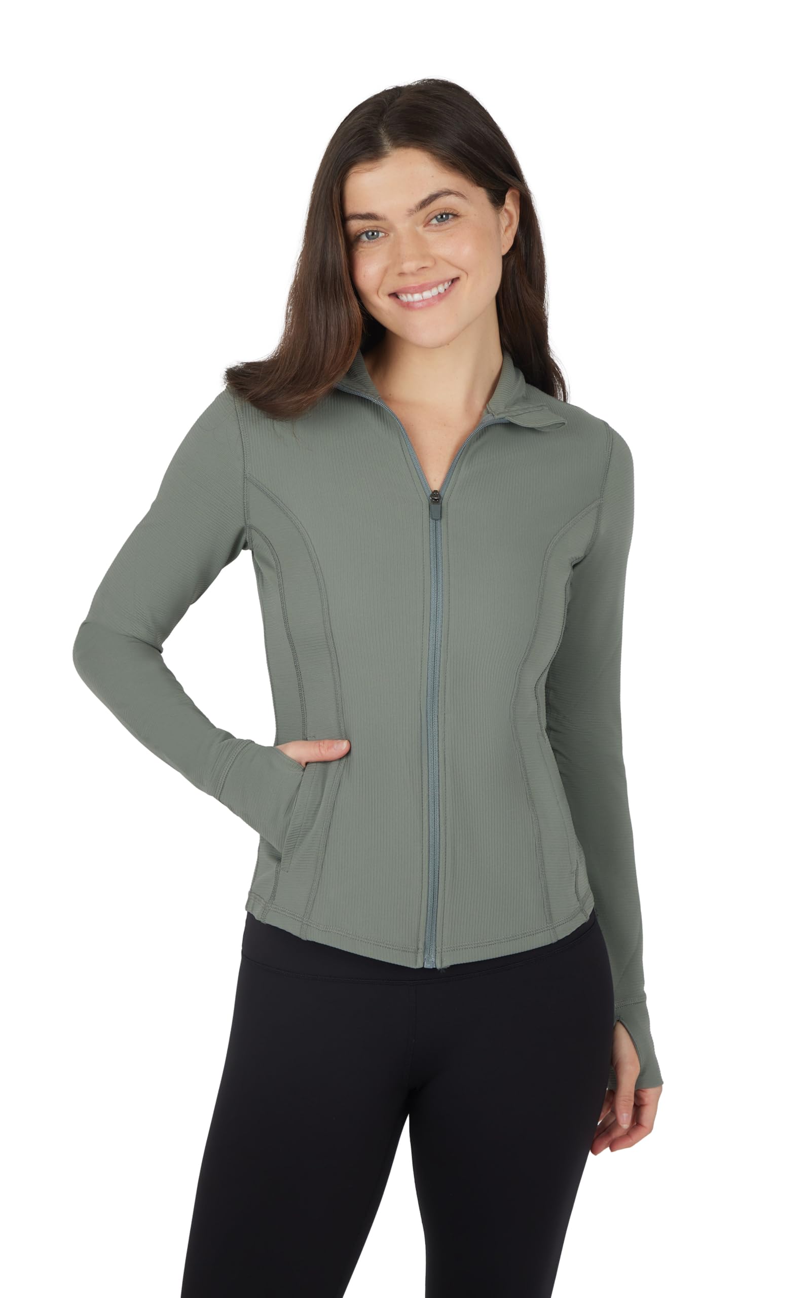 90 Degree By Reflex Womens High Neck Slim Fit Ribbed Zip Up Athletic Running Jacket with Thumbholes - Mulled Basil - Large