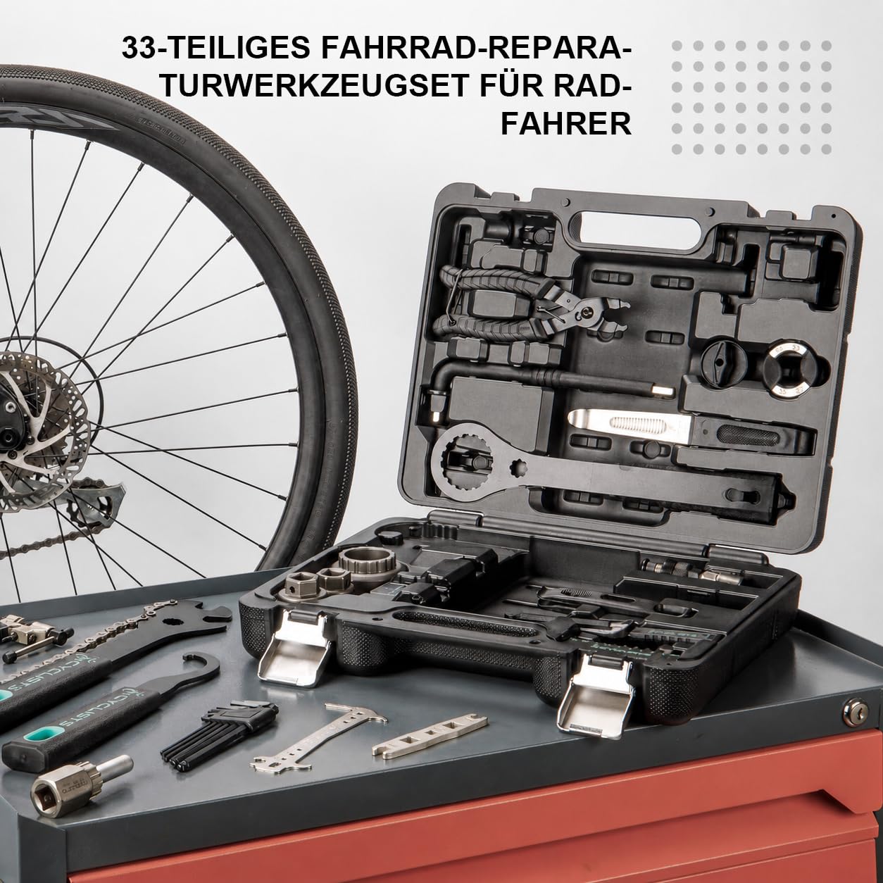 cyclists Professionelles Werkzeugset für E-Bikes – 33-teiliger Fahrrad-Reparatur-Werkzeugsatz für Rennräder und Mountainbikes, zur Reparatur von Reifen, Bremsen, Ketten, Pedalen und Kurbelabzieher
