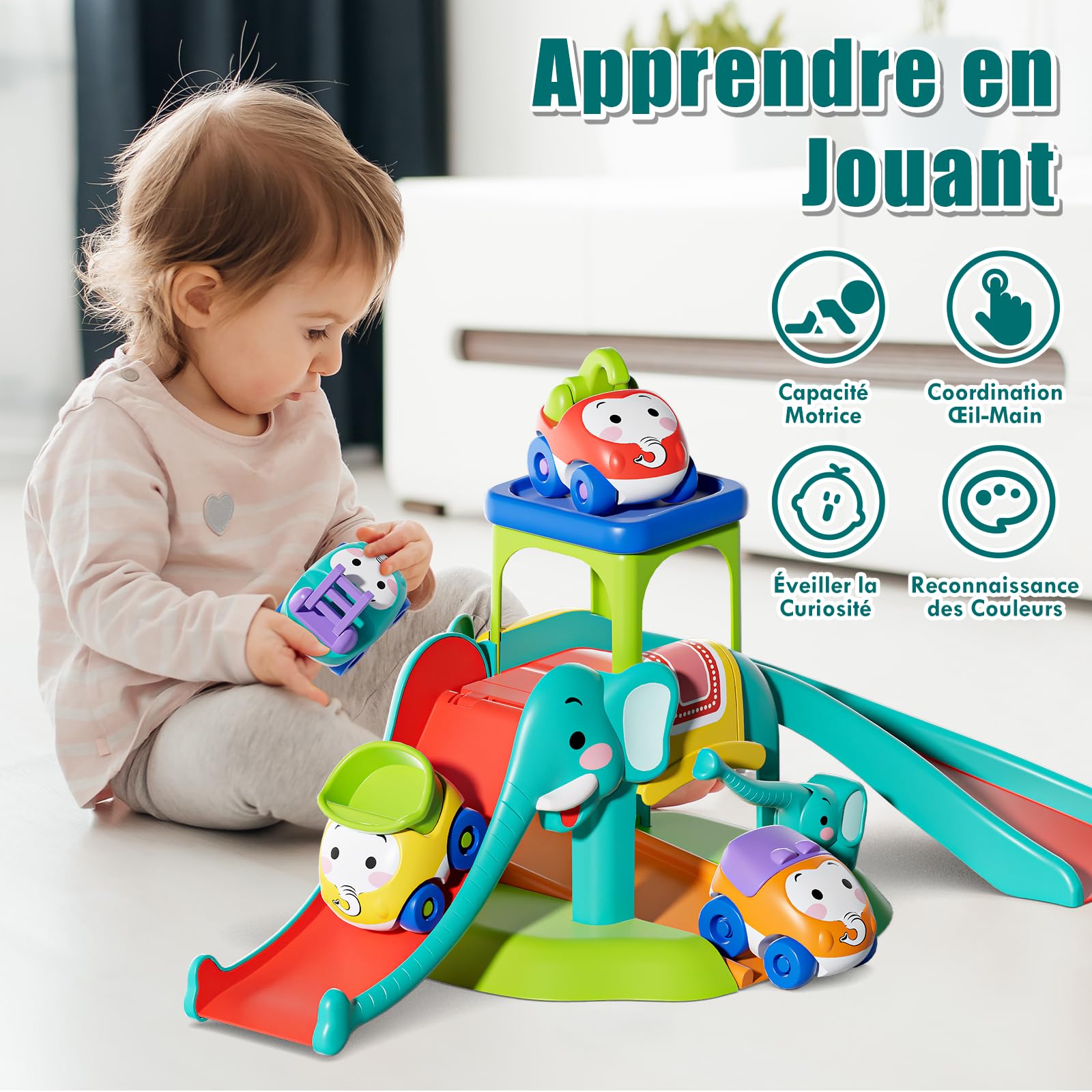 Lehoo Castle Jouet de Voitures pour Enfant 1 2 3 Ans, Cadeau pour Enfant, Toboggan Éléphant avec 4 Voitures a'Animaux, Jeux Éducatif pour Bébé 12+ Mois, Piste de Voitures à Pousser