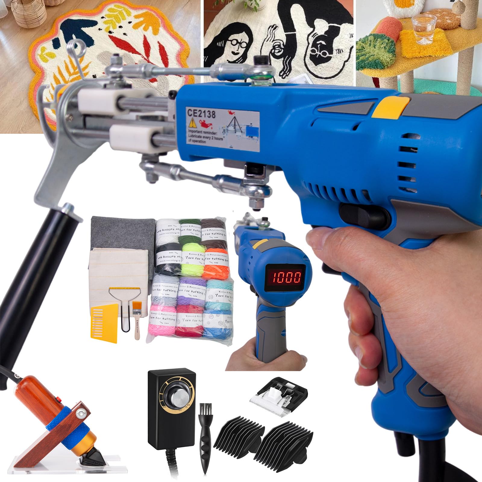 Kit de Pistola tufting con recortadora de alfombras, pantalla LCD mejorada de velocidad, herramienta artística profesional para mechones de alfombras, velocidad ajustable, pelo cortado/pila en bucle
