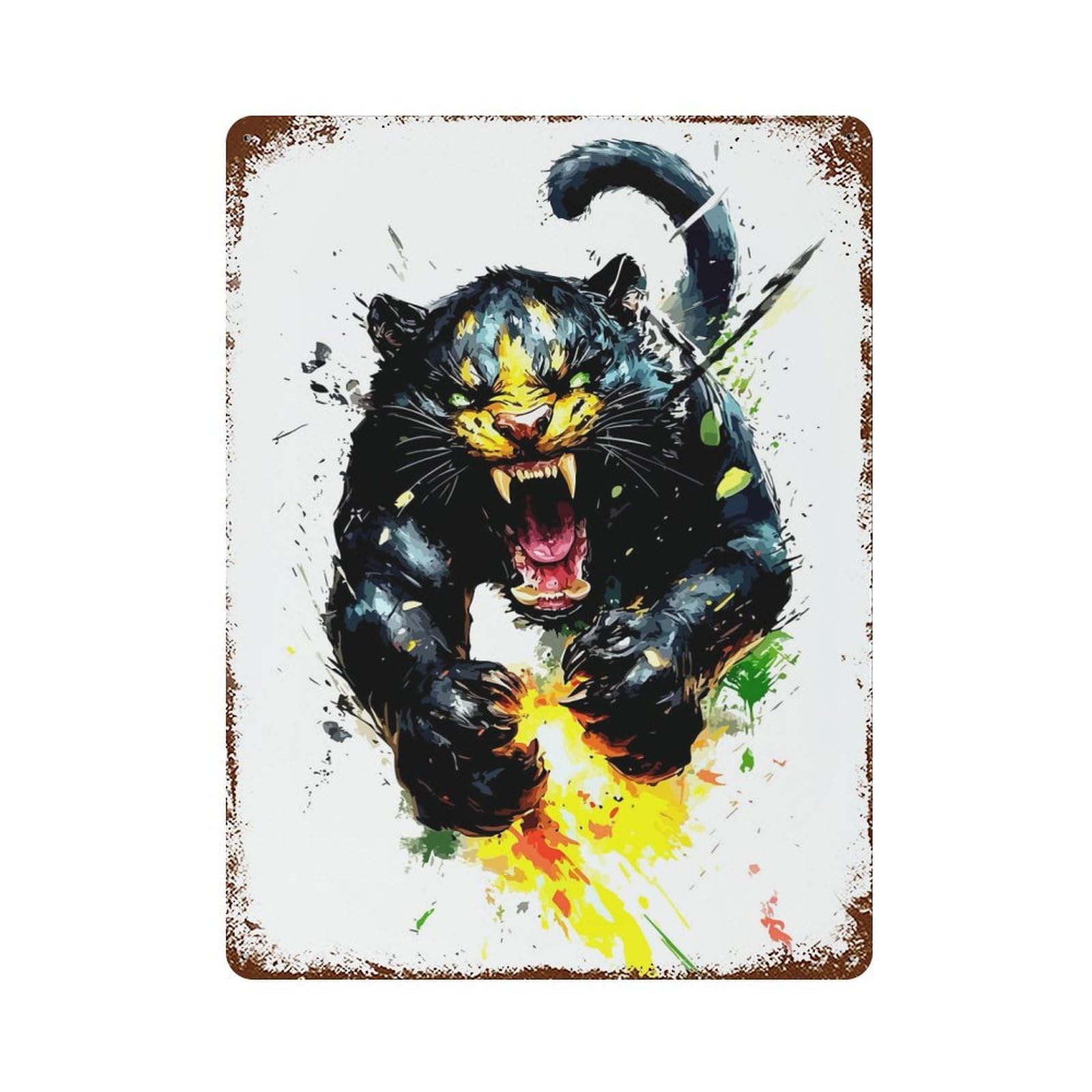 Distressed Metal Wall Sign Roaring Black Panther Digital Art 15.7"x11.8", Vintage Wall Decor for Cafe, Home Bar And Lounge Decor