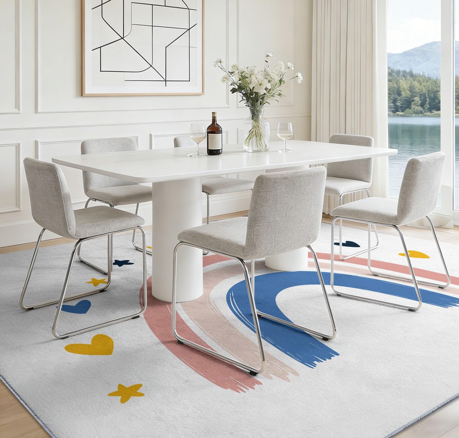 Böhmisch Teppich Waschbar Regenbogen-Herzen Sterne Teppich 100 x 160 cm, Weiche Niedriger Teppiche rutschfest Waschbar Pflegeleicht Teppiche Für Wohnzimmer Schlafzimmer Küche