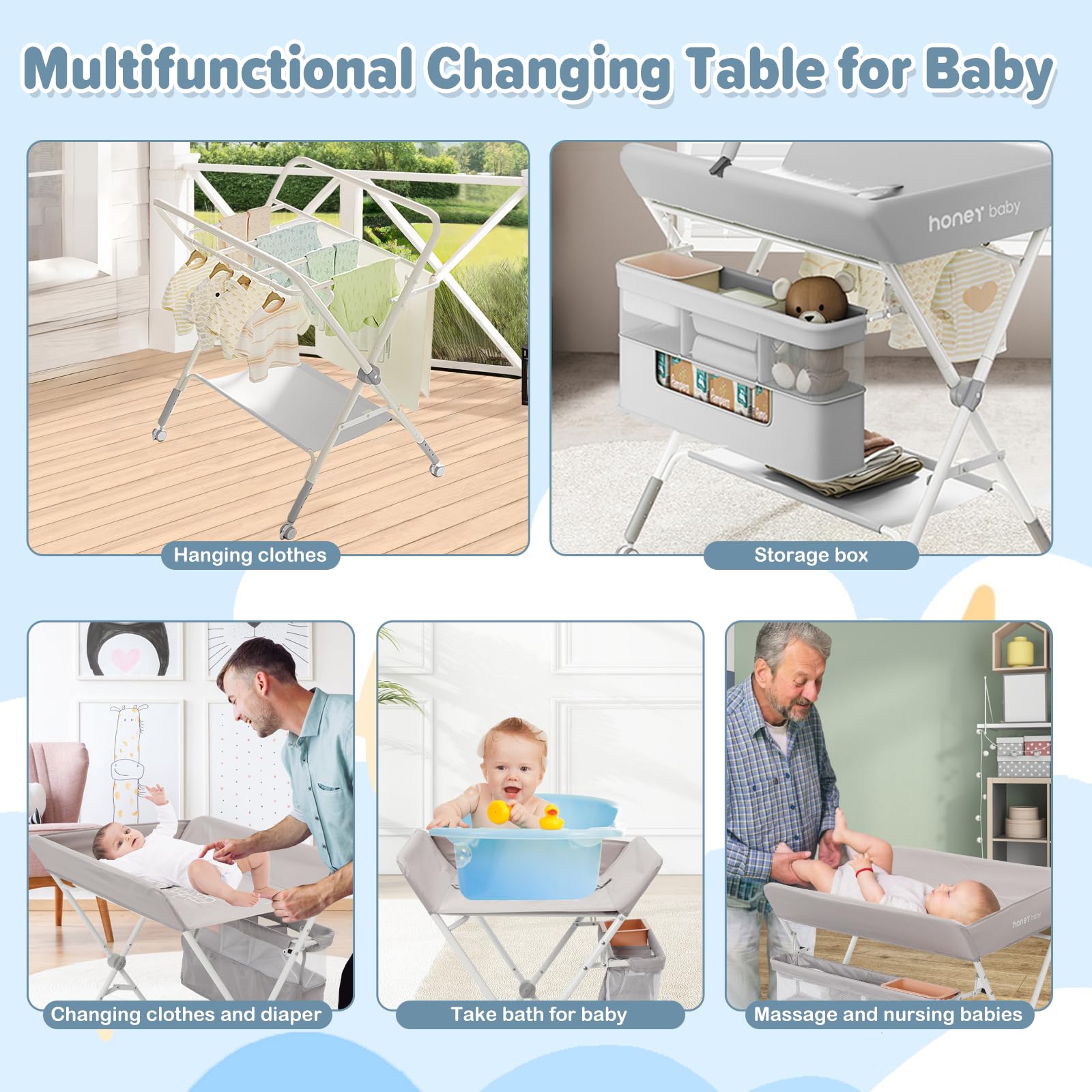 Table à langer pliable avec pieds réglables en hauteur et roues verrouillables | Station à Langer Portable Anti-basculement avec Rangement pour Nouveau-né 0-12 Mois (Gris)