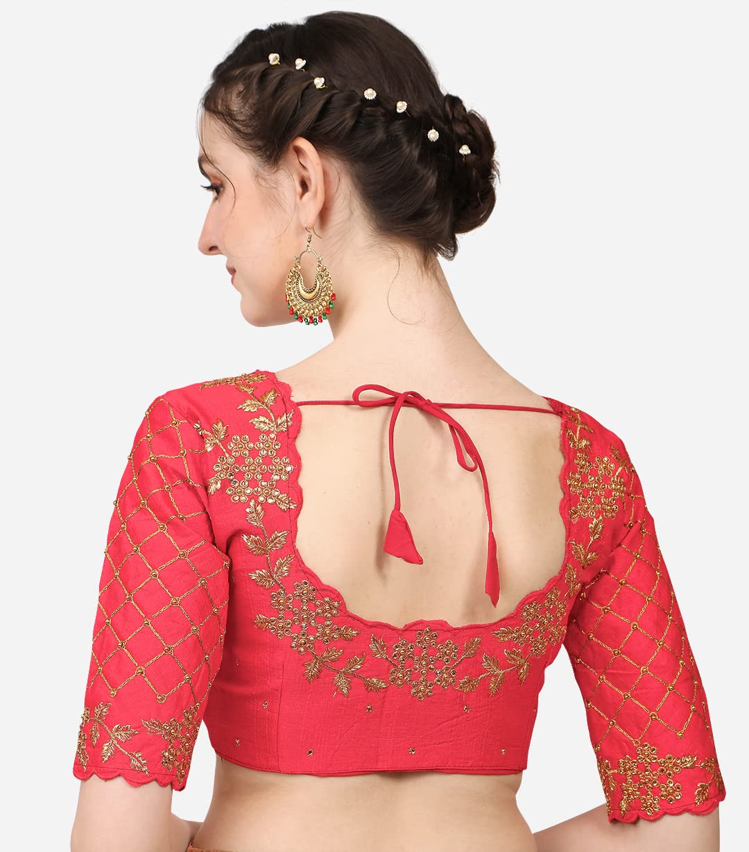 Pujia Mills Women's Embroidery Handwork, Rough Cut Work Stone Work Readymade Blouse (34, Gajari)