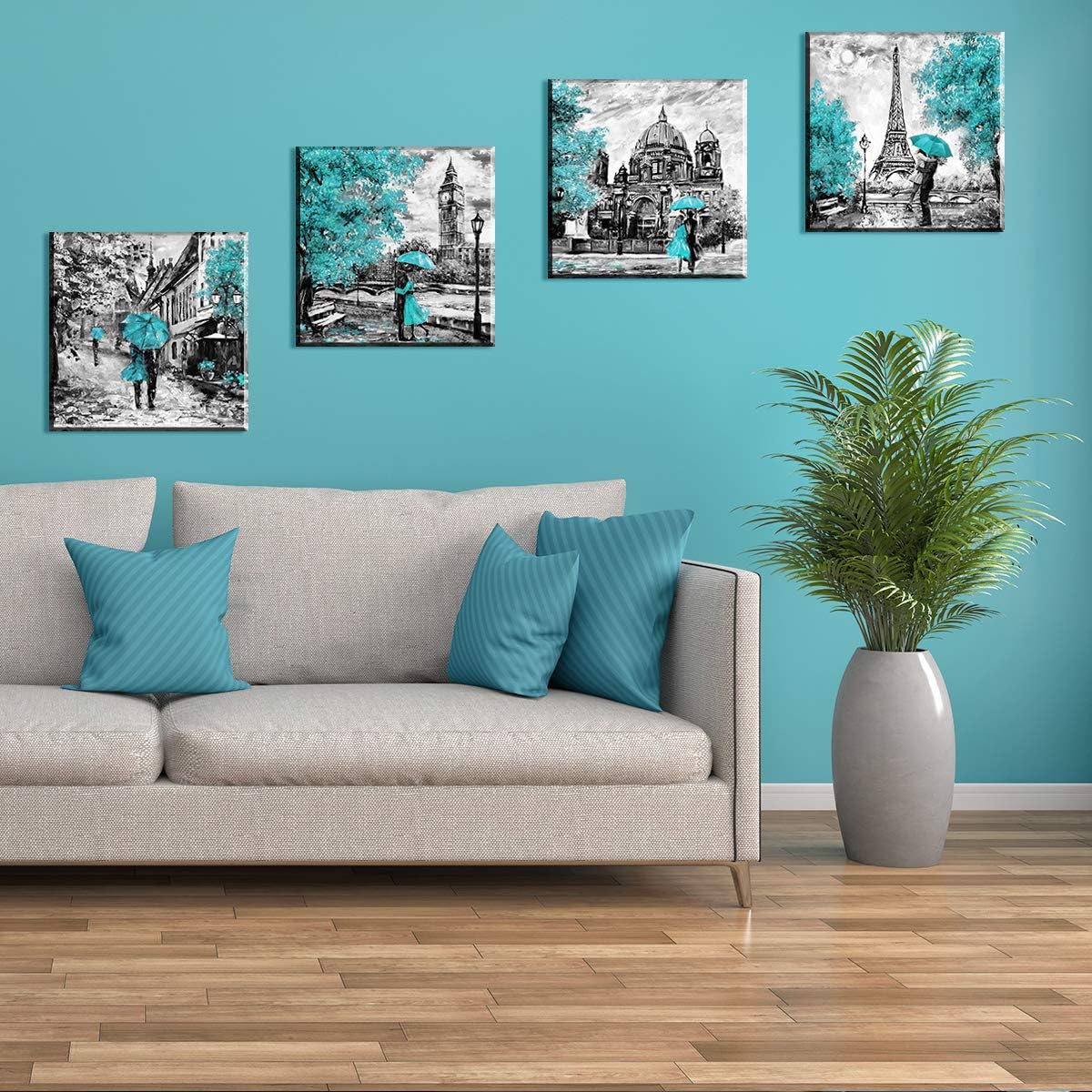 Teal Paris Wall Decor Bathroom Eiffel Tower Wall Art Black White Grey City Painting Abstract Street Landscape Posters Canvas Picture Modern Artwork for Living Room Bedroom Home Decoration 12x12" 4 Pcs