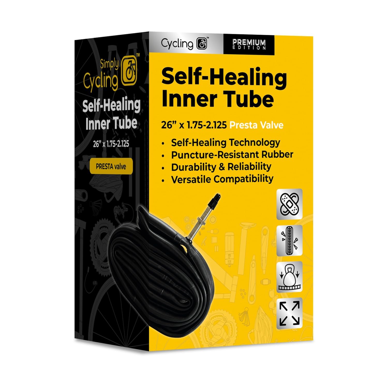 Simply Cycling Self-Healing Inner Tube SV 26 Inch x 1.75 to 2.125, Schrader Valve Sealant-Filled Butyl Rubber Tube for MTB Cruiser Hybrid Bikes