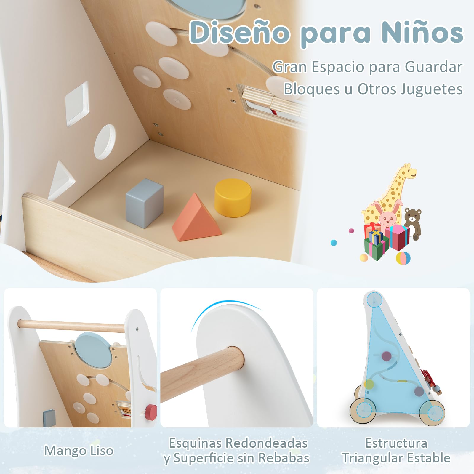 RELAX4LIFE 7 en 1 Andador Bebes de Madera, Parque Infantil Bebe con 7 Juguetes Interactivos y Espacio de Almacenaje, Correpasillos Bebe, Juguete Montessori para Bebés 12+ Meses, 34,5x32,5x45cm, Blanco
