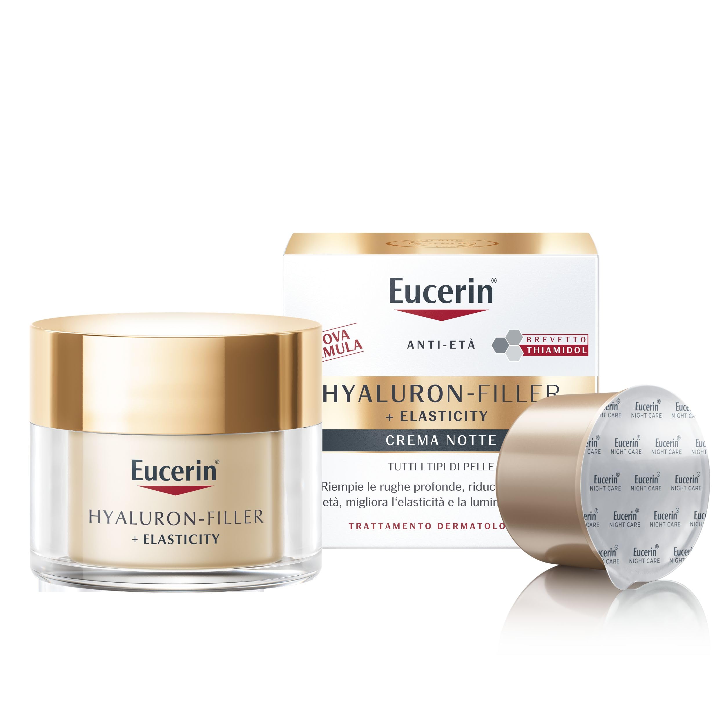 Eucerin Skincare Kit con Hyaluron-Filler + Elasticity Crema Notte 50 ml + Refill 50 ml, Crema viso antimacchie e antirughe e ricarica ecologica con Acido Ialuronico idratante e Thiamidol