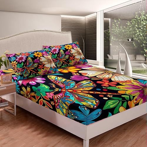 Miniatura 9 de Erosebridal Juego de sábanas de libélula tamaño individual, juego de ropa de cama de libélulas pastel de acuarela verde con hojas botánicas verdes,