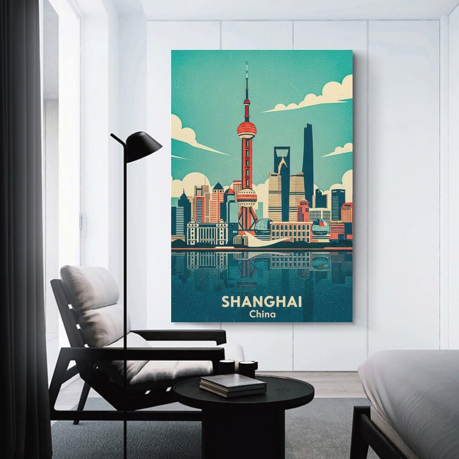Junmoney Shanghai Skyline Vintage Canvas Wall Art 24x36inch(60x90cm), for Wall Displays, Bedrooms Or Room Updates, Ideal for Building A Coordinated Art Wall