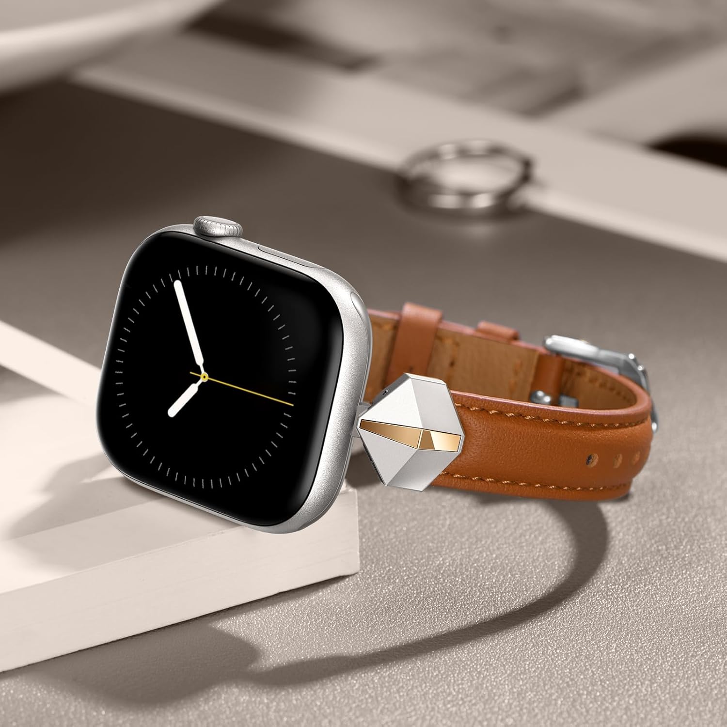 WFEAGL Leather Band Compatible with Apple Watch Bands Women 49mm 46mm 45mm 44mm 42mm(Series 3 2 1),Dressy Slim Grain Genuine Leather band for iWatch Ultra SE Series 10/9/8/7/6/5/4-Brown/Silver&Gold