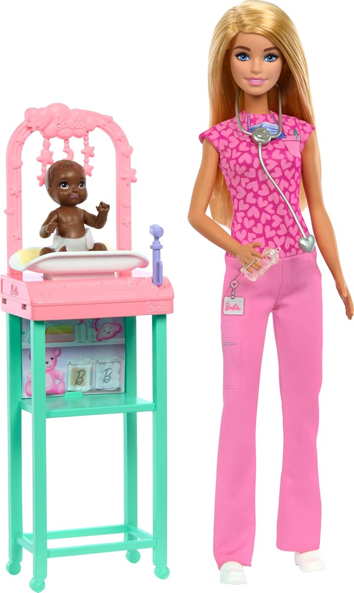 Baby Doctor Playset with Blonde Fashion Doll Wearing Pink Scrubs, Baby Doll, Furniture & Accessories