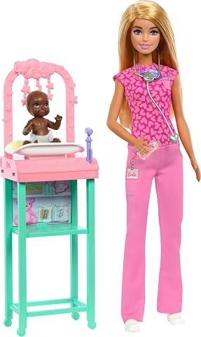 Barbie Kariyer Oyun Setleri - Doktor Bebek Çocuk Doktoru Barbie, sarışın bebek, 1 bebek figürü, mobilya ve aksesuarlar JCR72