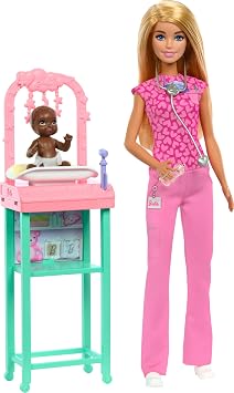 Barbie Kariyer Oyun Setleri - Doktor Bebek  ocuk Doktoru Barbie, sar n bebek, 1 bebek fig r , mobilya ve aksesuarlar JCR72