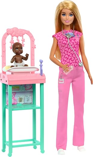 Barbie Baby Doctor Doll with Blonde Fashion Doll Wearing Pink Scrubs, 1 Baby Doll with Baby Accessories &amp; Furniture