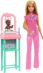 Barbie Baby Doctor with Blonde Fashion Doll Wearing Pink Scrubs, 1 Baby Doll with Accessories & Furniture