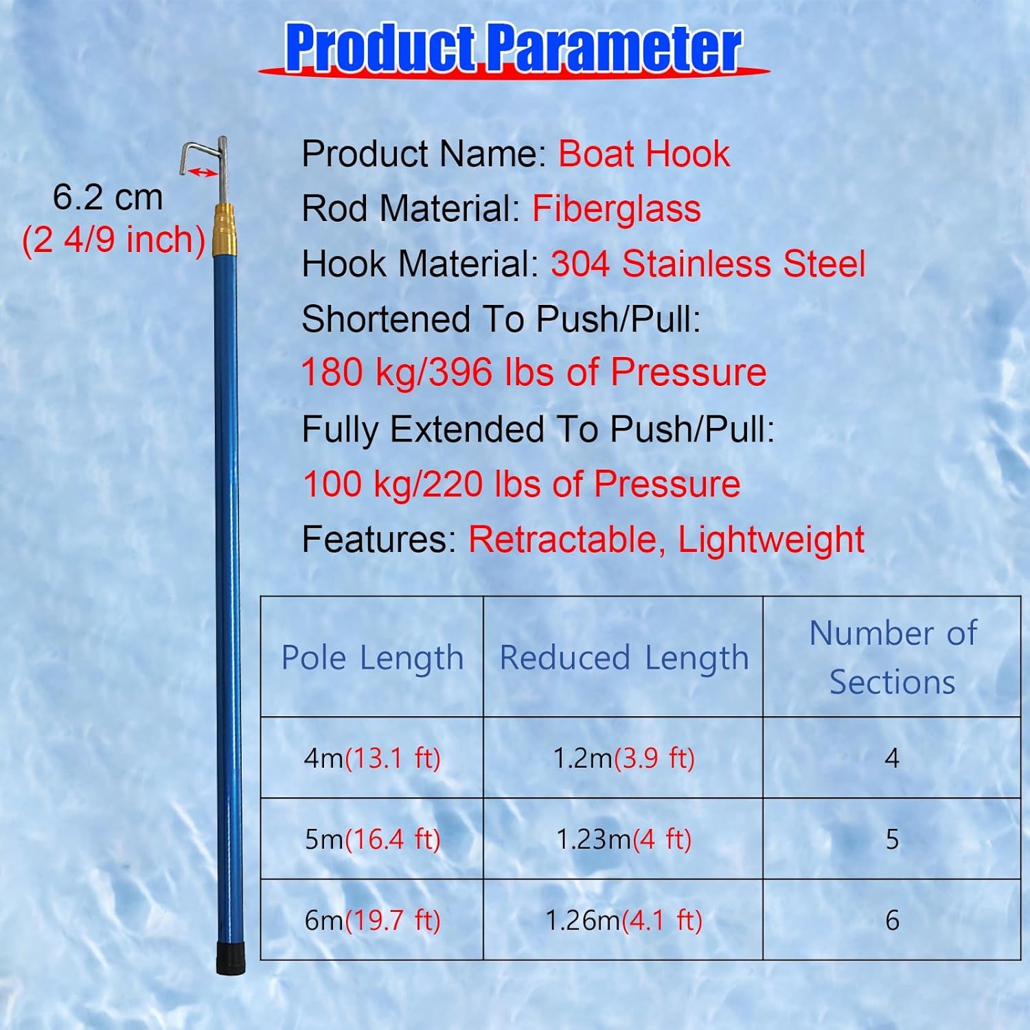 Telescopic Boat Hook Pole - 13/16/19 Ft Adjustable Dock Rod for Yacht, Ship & Truck Cargo Retrieval 1pc(Blue,4mx4Pack)