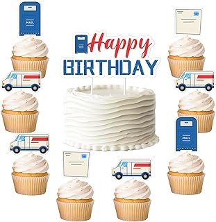 25Pcs Mailman Birthday Party Decorations Mail Theme Happy Birthday Cake Topper Mail Truck Mailbox Cupcake Toppers for Postal Worker Bday Party Supplies