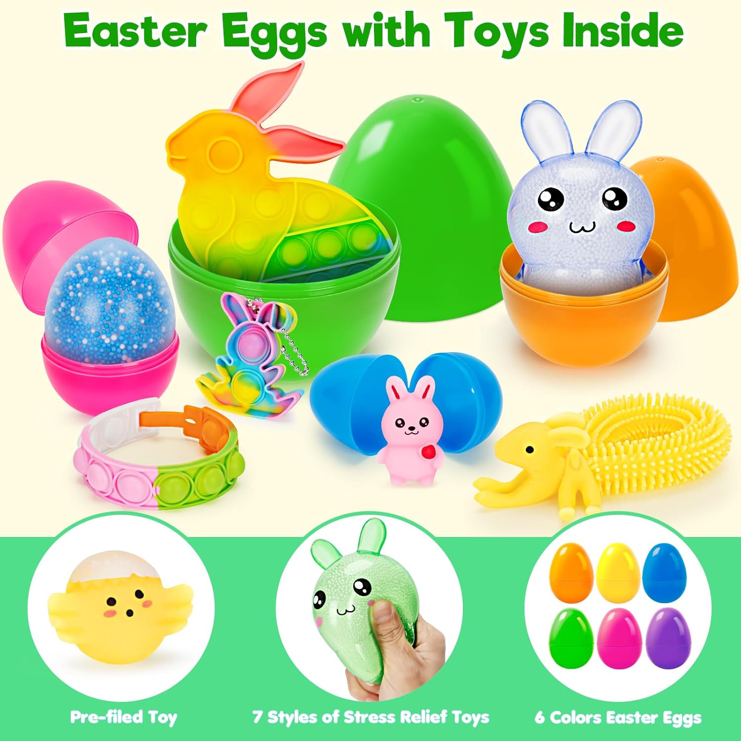 Duchong 36 Pack Prefilled Easter Eggs with Toys Inside, Mixed 4 Size Plastic Easter Eggs with Assorted Toys, Surprise Eggs for Easter Hunt, Easter Basket Stuffers, Easter Party Favor for Kids